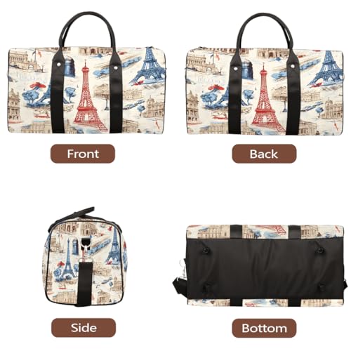 Vintage Paris Eiffel Tower Travel Duffel Bag Sports Tote Gym Bag Waterproof Tear-Resistant Carry On Overnight Bag Foldable Weekender Bag for Gym Travel Getaway Beach Sports3