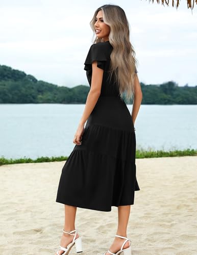 Image of Zeagoo Women's Summer Casual Dress Flutter Short Sleeve V Neck Button Down Tiered Flowy Long Dress with Pockets