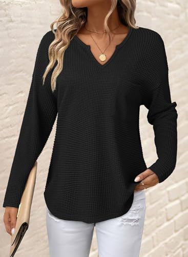 Dokotoo Womens Tops Waffle Knit Long Sleeve Notched V Neck Shirts Casual Trendy Solid Color Loose Blouses3