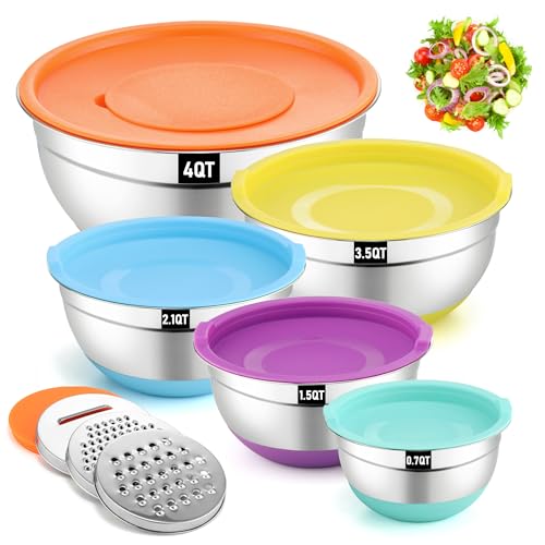 hunnycook Set de 5 Saladier Colorés, Saladier en Acier Inoxydable Avec Couvercle, Fond en Silicone Antidérapant et 3 Accessoires Pour Râper,...