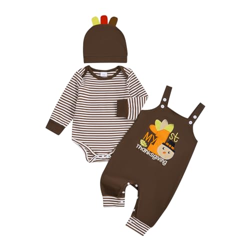 DNOMAID YZARC Newborn Baby Boy First Thanksgiving Outfit Stripe Long Sleeve Romper Turkey Overall Pants Hat Set 3Pcs Clothes (Coffee 0-3 Months)