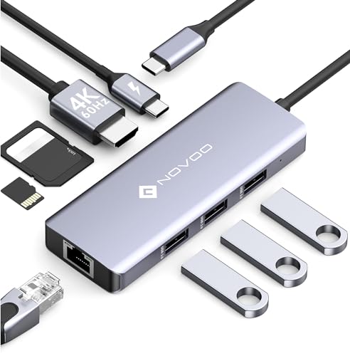 NOVOO Adaptateur USB C vers HDMI, 8-en-1 Hub USB C vers Ethernet Gigabit, HDMI 4K@60Hz, USB A X 3, 100W PD, SD/TF Multiport Dock pour MacBook Air/Pro, Lenovo, Surface, Galaxy