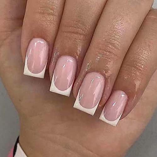 RikView French Tip Press on Nails Medium Fake Nails White Stick on Nails Square Pink Nails for Women