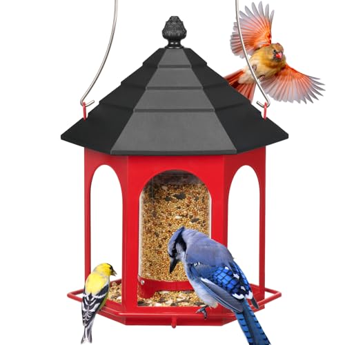 Kingsyard Metal Bird Feeder for Outdoors Hanging, 3 lbs Seed Feeder, Wild Bird Feeders for Garden Cardinal Finch Bluebird, Easy to Fill & Clean, Red