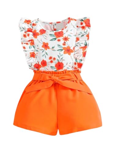 Kids Toddler Girls Clothes Outfits Floral Print Ruffle Sleeveless Top Belted Shorts Set Summer Clothing Set