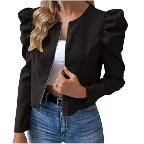 HGps8w Puff Sleeve Crop Jackets for Women Trendy Zip Up Long Sleeve Business Casual Outerwear Blazers
