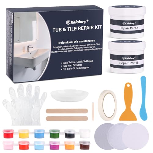 Kalolary Kit Reparación Bañera con 12 Pigmentos, Reparador de Grietas y Desconchados para Bañeras de Fibra de Vidrio, Acrílico, Esmalte y Porcelana, Reparación para Bañera, Lavabo, Plato de Ducha