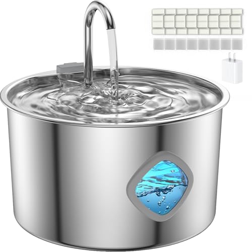 Cat Water Fountain Stainless Steel, 3.2L/108oz Automatic Pet Drinking Dispenser with Faucet & Flower Mode, Electric Metal Water Bowl for Indoor Cats S/M Dogs Pets, Quiet Waterer w/ 8 Filters & Sponges