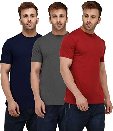 Image of INKKR Men's Solid Regular Fit T-Shirt Blue D-Grey Red