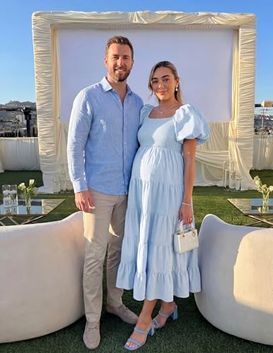 Image of ZESICA Women's 2026 Summer Puff Sleeve Midi Dress 2026 Boho Solid High Waist Flowy Beach Wedding Guest Long Dresses