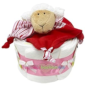 Kleine Windeltorte Kuscheltuch Schäfchen Mia für Mädchen Geschenk zur Geburt, Taufe oder Babyparty.