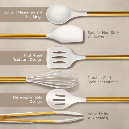 Image of 8 Piece White and Gold Kitchen Utensils - White Silicone Cooking Utensils Set, Ceramic Utensil Holder & Stackable Gold Spoon Rest -Nonstick, Non-Toxic, Heat Resistant, Luxury Kitchen Accessories