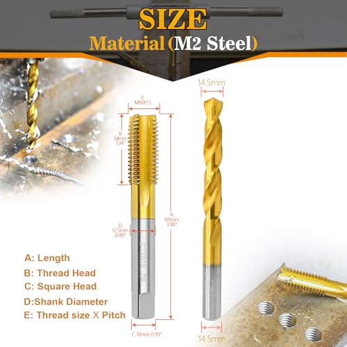Image of M16x1.5 Tap and 14.5mm Drill Bit Kit, M2 HSS Metric Drill and Tap Set, Combination of Drill and Tap Kit for Metal