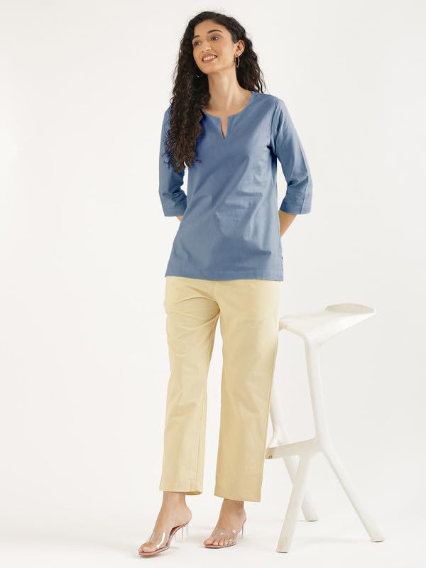 Image of SAADAA Airy Linen Split Neck Short Kurta for Women | Casual & Office Wear | 3 /4 Sleeves, Comfortable Fit | Elegant Top | Lightweight & Breathable Fabric |