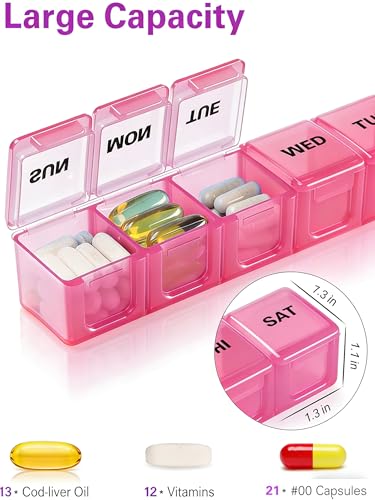 Image of BUG HULL Weekly Pill Organizer Large 2 Packs, Extra Large Travel Pill Organizers, Pill Box 7 Day, Travel Pill Case, Medicine Pill Organizer for Vitamins, Supplements and Medications (White+Pink)