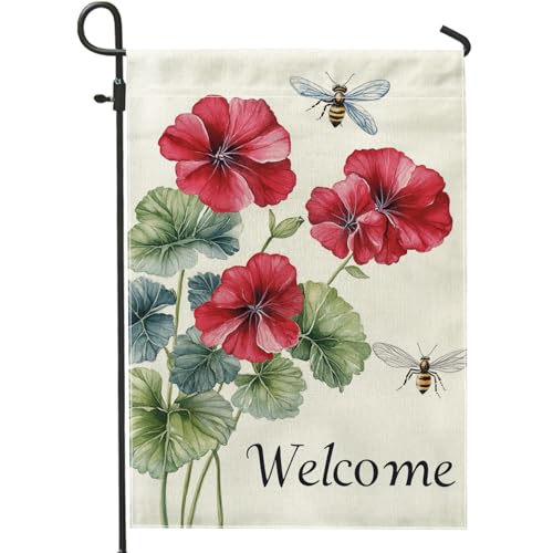 Drapeau de jardin géraniums rouge vif, printemps été floral décoration de la maison, drapeaux de cour, double face en polyester léger, décoration de pelouse extérieure, 30,5 x 45,7 cm