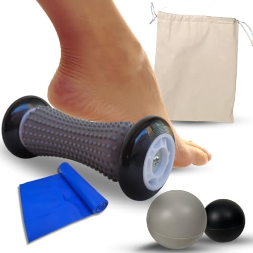 Masajeador de pies para fascitis plantar, kit de masaje con rodillo, 2 pelotas lacrosse y banda elástica, ideal para alivio del dolor, recuperación muscular y relajación