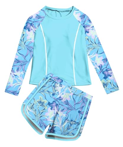 Image of Vogseek Girls Rash Guard Swimsuits 2 Piece Bathing Suit UPF 50+ Summer Swimwear Size 7-12T