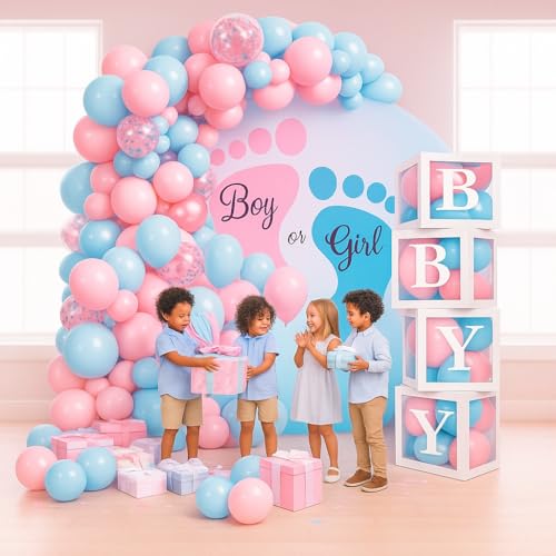 Bling & Bash Gender Reveal Balloon Arch Kit | 123pc Pink & Blue Balloons Garland | 4 'BABY' Blocks Box | Baby Shower Party Decorations
