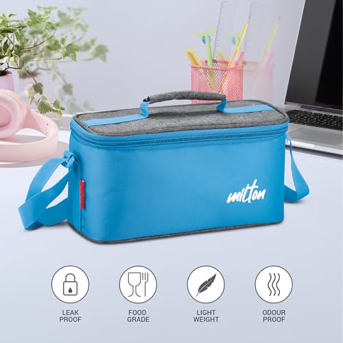 Image of MILTON Steel Smart Lunch Box (2 Round Inner Steel Containers 500ml Each, 1 Oval Container 675ml; Spoon) with Insulated Fabric Bag, Blue, Leak Proof, Odour Proof, Easy to Carry, Food Grade