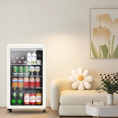 HAILANG+more Retro Beverage Refrigerator, 3.2 Cu.Ft Mini Fridge with Glass Door, Vintage Freestanding Drink Cooler for Office, Bar, Home, Adjustable Shelving, Adjustable Thermostat (White) on Fridge.com