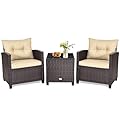 HAPPYGRILL 3 Pieces Patio Conversation Set, Outdoor Furniture Set PE Rattan Sofa Set with Removable Cushions, PE Wicker Chairs with Tempered Glass Side Table for Porch Lawn Garden Balcony Backyard