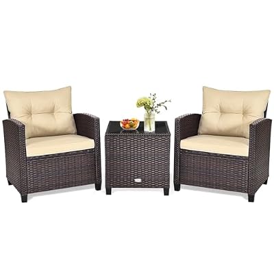 HAPPYGRILL 3 Pieces Patio Conversation Set, Outdoor Furniture Set PE Rattan Sofa Set with Removable Cushions, PE Wicker Chairs with Tempered Glass Side Table for Porch Lawn Garden Balcony Backyard