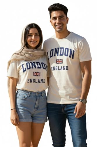 Unisex London England Applique Embroidery T-Shirt | Premium Cotton Tee with Union Jack Patch | 4 Colors | Sizes XS-4XL (UK, Alpha, S, Regular, Regular, Off-White)