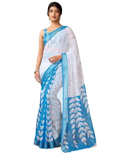 Image of Satrani Women's Linen Printed & Zari Border Ready To Wear One Minute Pre Pleated Readymade Saree with Unstitched Blouse Piece