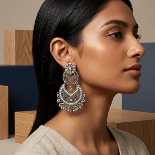 Image of Traditional Chandbali Earrings, Antique Gold and Oxidised Silver, Floral Stud, Pearl Drops, Ethnic Indian Jewellery