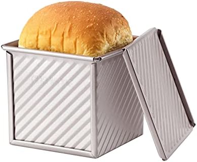 CHEFMADE Mini Pullman Loaf Pan with Lip, 0.55Lb Dough Capacity Non-Stick Rectangle Corrugated Toast Box for Oven Baking 3.9" x 3.9"x 3.9" (Champagne Gold)