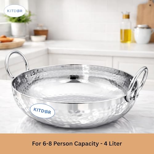 Image of Stainless Steel 4 Liter Kadhai with Sturdy Handle, Heavy Bottom Hammered Kadai for Even Heat, Ideal for Deep Frying & Daily Cooking, Rust-Resistant & Durable (4L, Handle)