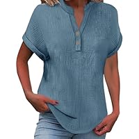 Damen Oberteile, Musselin Leinenbluse Damen 2025 Frauen Sommer Tshirt Baumwolle Leinen T-Shirt Knopf V-Ausschnitt Tunika Tops Casual Tshirts Trendy Strandkleid Bluse, blau M