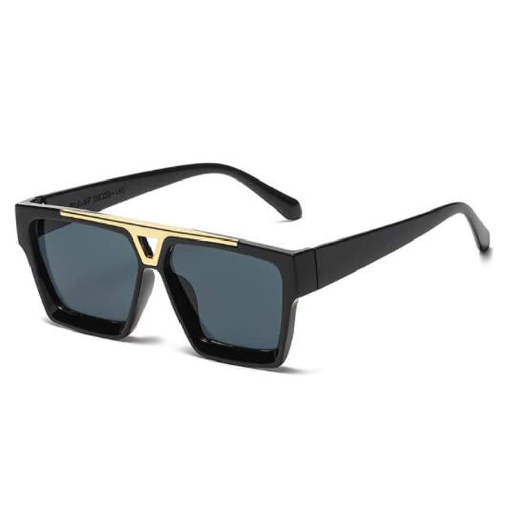 Square Large Frame Sunglasses Metal Decorative Frame Sunglasses Anti Ultraviolet Sunglasses Black Frame Grey Flakes