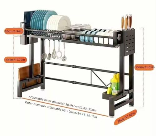 Image of HomeCloud Expandable Over-The-Sink Dish Drying Rack with Dustproof Flip Cover Door | Multifunctional Adjustable Metal Kitchen Countertop Organizer (Black, 98x28x55Cm)