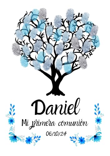 Árbol de huellas personalizado, marco de fotos para bautizos, comuniones, bodas, cumpleaños. Regalo de huellas para comuniones (DISEÑO7, AZUL)