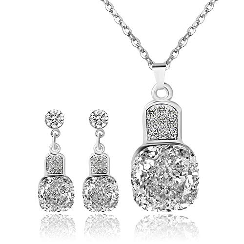 White Gold-Plated Cheap Big Square Stone Dangle Earring+Necklace Set (White