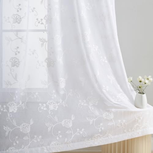 Image of White Sheer Curtains Embroidery 63 Inch Length Rod Pocket Voile Drapes for Living room, Bedroom, Window Treatments Semi Flower Pattern Curtain Panels for Kitchen, Yard, Farmhouse, Set of 2, 52 inchx 63 inch.