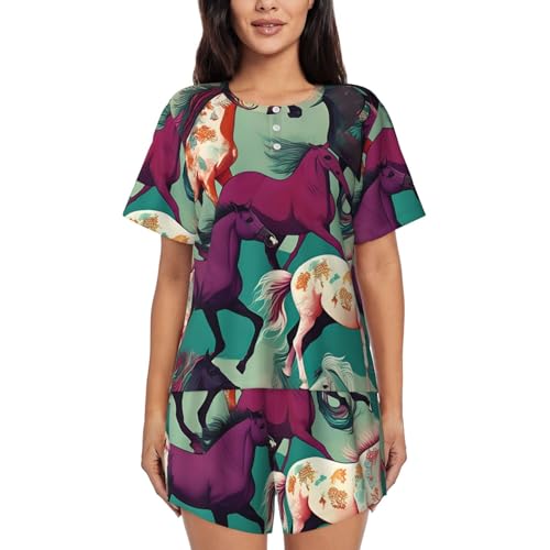 Ensemble court pour femmes pyjama deux pièces imprimé chevaux doux