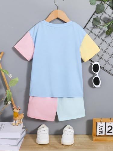 Image of Verdusa Boy's 2 Piece Outfit Colorblock Short Sleeve Round Neck T Shirt and Shorts Set