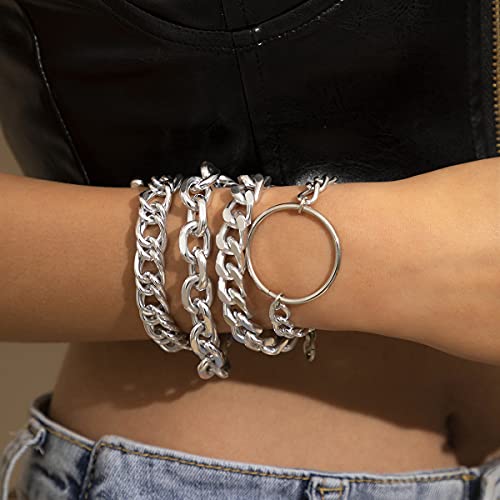 Sakytal Chunky Stackable Bracelets Set Gold Punk Cuban Chain Bracelet Circle Bracelet For Women And Girls (Silver) #TOP4