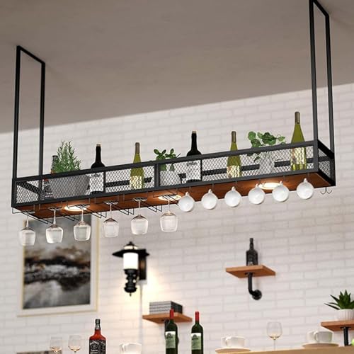 Casier à vin suspendu avec perche 80cm étagère plafond métal dorée - 3