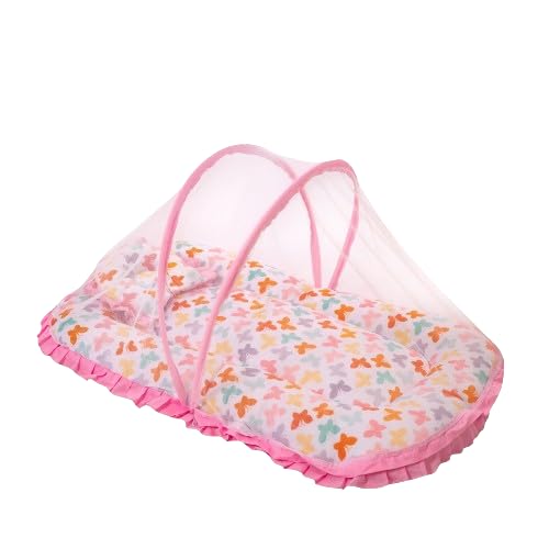 Mee Mee Soft Bed Mattress Set | with Mosquito Net, Neck Pillow & Zip Closure | 100% Cotton Newborn Baby Bedding | with Attractive Butterfly Prints | for 0+ Months