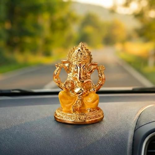 Image of Gold Plated Ganesh Idol | Ganpati Murti for Car Dashboard, Office Desk, Hindu God Gift & Home Decor - Resin (Gold & Yellow)