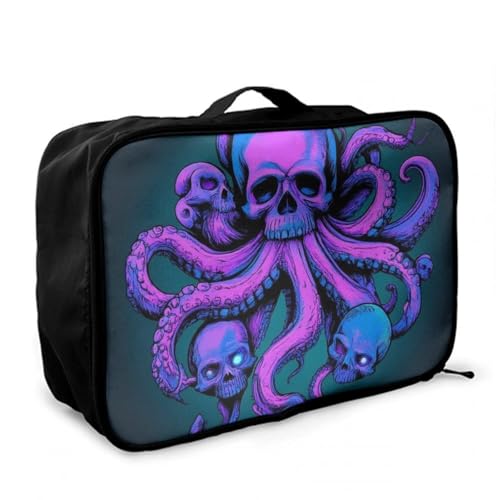 Luggage Lever To Hang Bags, Foldable Travel Storage Sports Gym Tote Bag, Carry On Tote Weekender Large Overnight Bag Octopus Skull Art