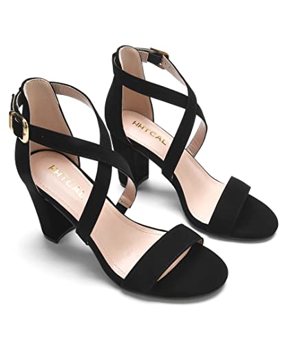 Hhtcal Sexy Cross Strappy Heels For Women Black Chunky Block High Heel Comfortable Buckle Round Open Toe Ankle Strap Heeled Sandals Party Bridesmaid Bride Wedding Shoes #TOP4