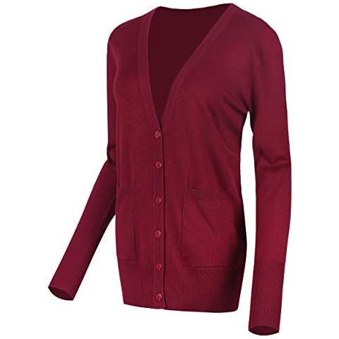 Urban GoCo Women's Long Sleeve Button Down Basic Cardigan Sweater (L, Wine red) Cover