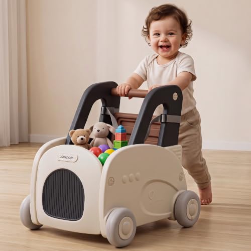 Image of Baybee 4 in 1 Push Walker & Shopping Cart with Ride-On & Pull Along Modes | Toy Storage Organizer, Removable Food Tray, Wide Space, Seat Belt, Stable Wheels & Smooth Edges | Walking Support for Kids 0 - 3 Years (Black & White)