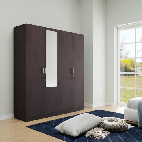 Image of VIKI Wardrobe | Wooden Almirah for Clothes,Door for Bedroom, 4 Door Wardrobe with Shelves, Mirror & Hanging Space (Dark Wenge - 40D x 160W x 180H) | 1 Year Warranty | Free Assembly