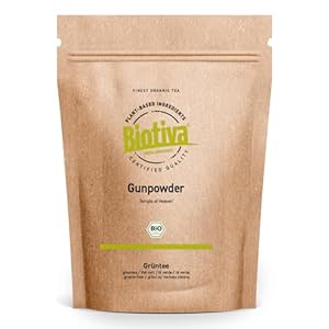 Grüntee Gunpowder Temple of Heaven Bio 800g - gerollte kugelförmige Teeblätter - hellgrüne Tasse - angenehm mild frisch feinherb süßlich - Fairbiotea-Teegarten Qingshan - Biotiva